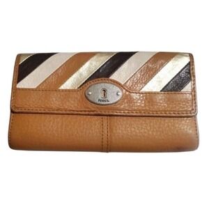 Fossil Leather Wallet Clutch Striped Brown Tan Neutral Discontinued Vintage